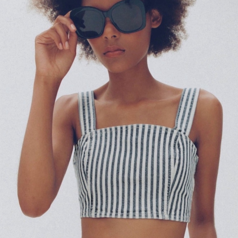 Zara | Blue White Striped Denim Square Neck Sleeveless Crop Top Size L